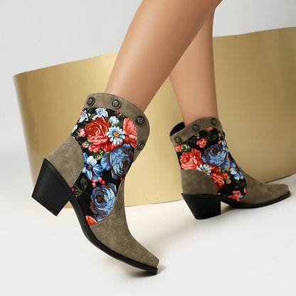 Women's Flowers Pattern Pointed Toe Block Heel Western Boots