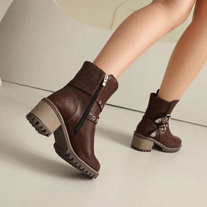 Women's Metal Decor Round Toe Square Heel Platform Short Boots