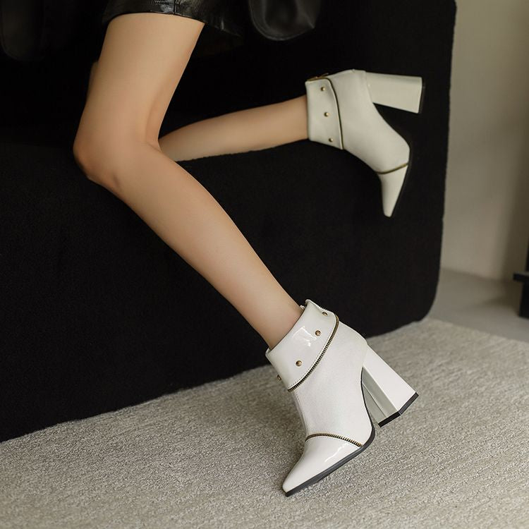 Women's Glossy Rivets Pointed Toe Block Heel Ankle Boots