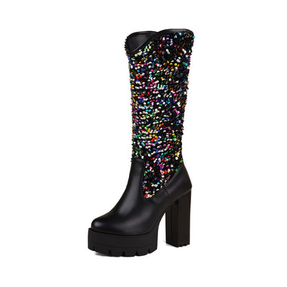 Women's Plush Dots Sequins Platform High Heel Mid Calf Boots