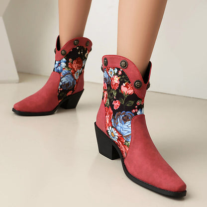 Women's Flowers Pattern Pointed Toe Block Heel Western Boots