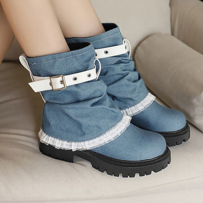 Women's Lace Buckle Strap Flats Short Boots