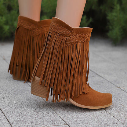 Women's Tassel Block Heel Short Boots