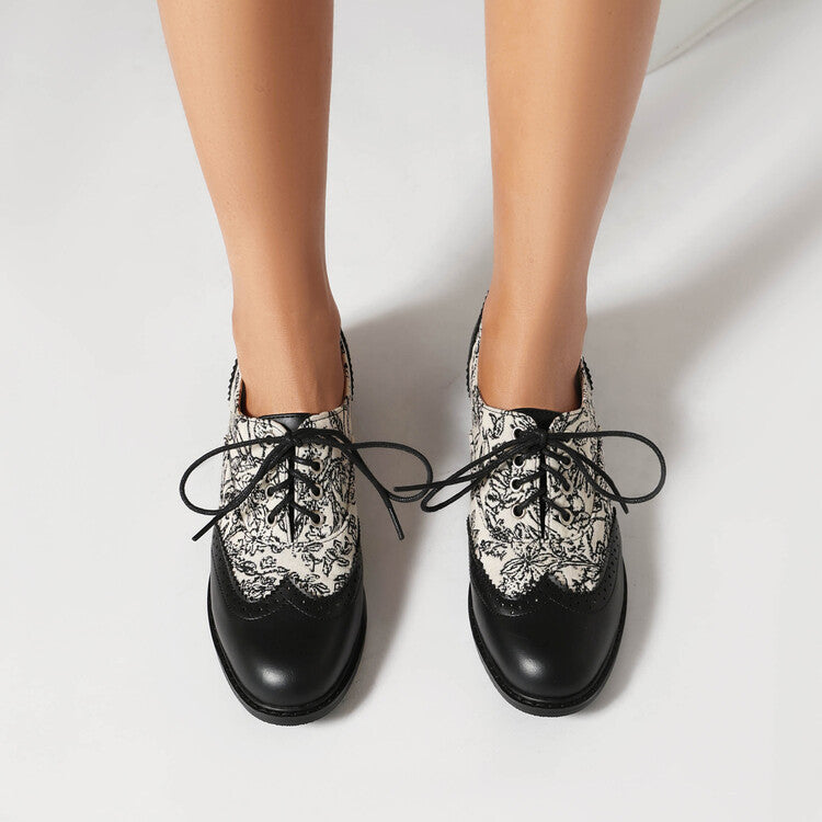 Women's Printed Lace-Up Round Toe Low Heel Oxfords Brogues Shoes