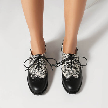 Women's Printed Lace-Up Round Toe Low Heel Oxfords Brogues Shoes