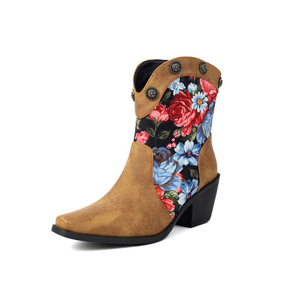 Women's Flowers Pattern Pointed Toe Block Heel Western Boots