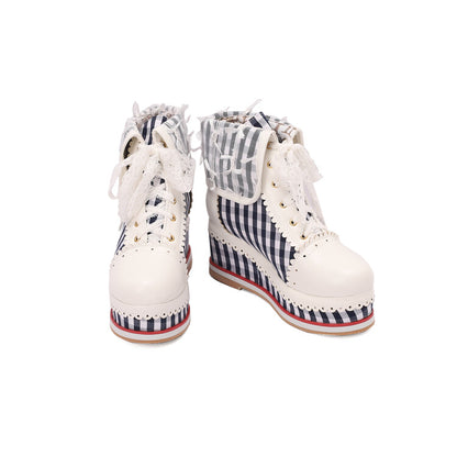 Women's Patchwork Lace-Up Round Toe Wedge Platform Short Boots