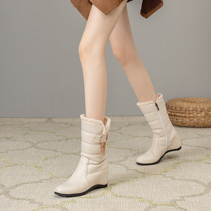 Women's Plush Tassel Wedge Heel Mid Calf Snow Boots