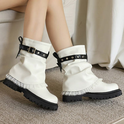 Women's Lace Buckle Strap Flats Short Boots