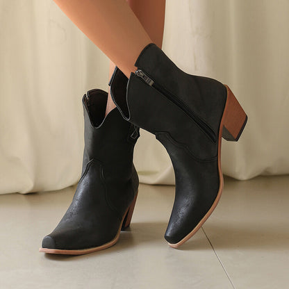 Women's Patchwork Pointed Toe Block Heel Ankle Western Boots