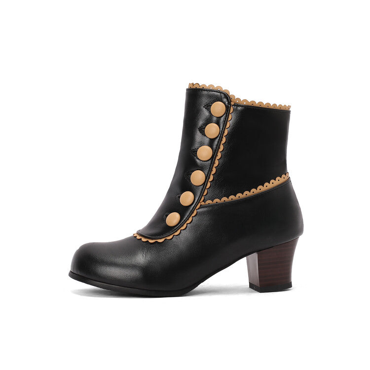 Women's Patchwork Rivets Round Toe Block Heel Ankle Boots