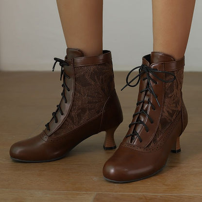 Women's Embroider Lace-Up Round Toe Hoof Heel Ankle Boots