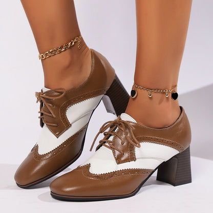 Women's Lace-Up Square Toe Block Heel Brogue Shoes