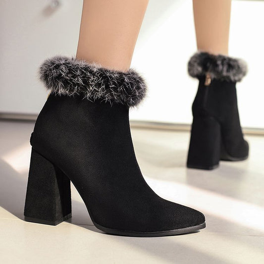 Women's Leopard Print Pointed Toe Block Heel Short Boots