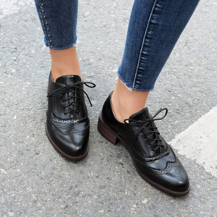 Women's Tie Up Brogue Low Heel Oxford Shoes