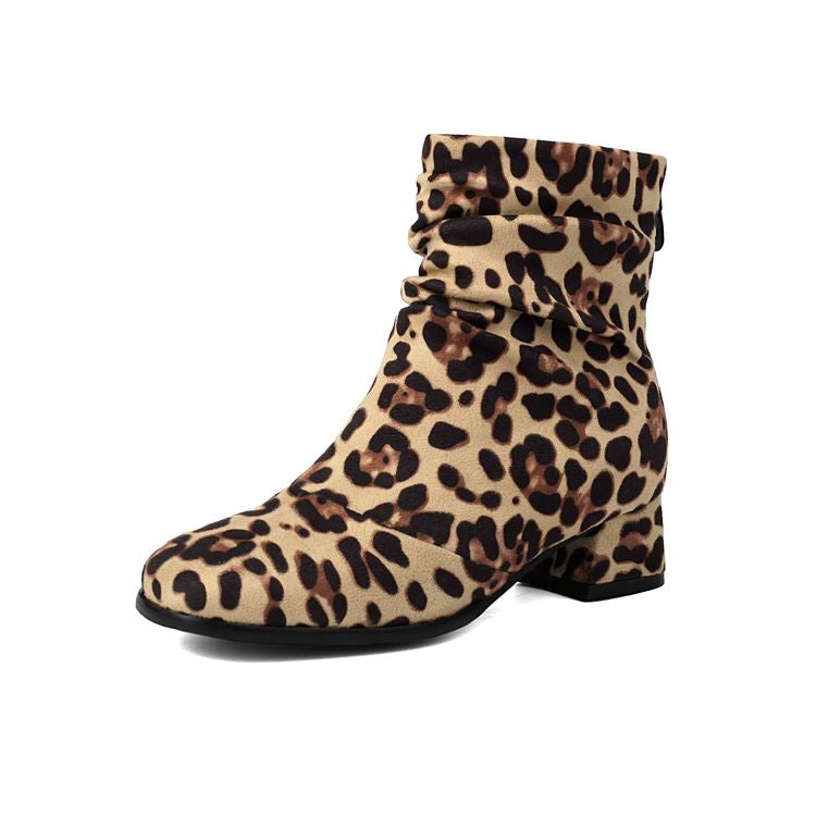 Women'S Leopard Print Round Toe Block Heel Ankle Boots