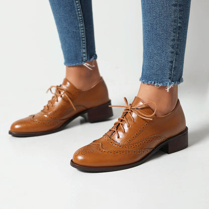 Women's Tie Up Brogue Low Heel Oxford Shoes