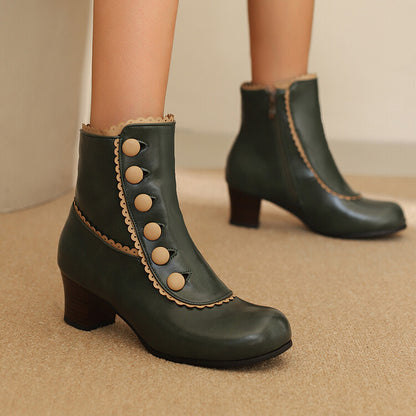 Women's Patchwork Rivets Round Toe Block Heel Ankle Boots