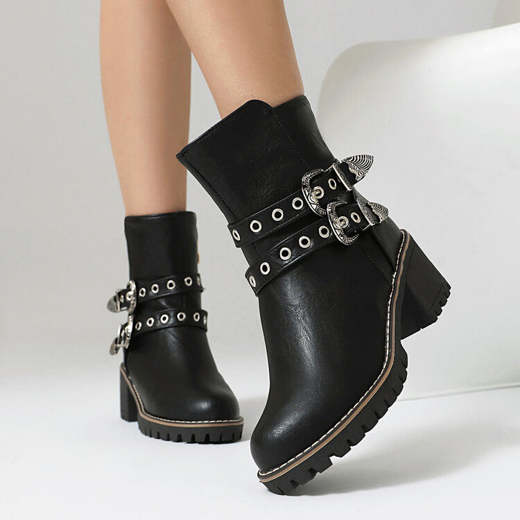 Women's Metal Decor Round Toe Square Heel Platform Short Boots