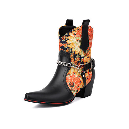 Women's Flowers Chains Pointed Toe Block Heel Short Western Boots