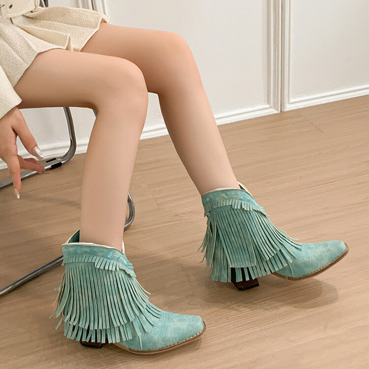 Women's Patchwork Tassel Square Toe Block Heel Short Western Boots