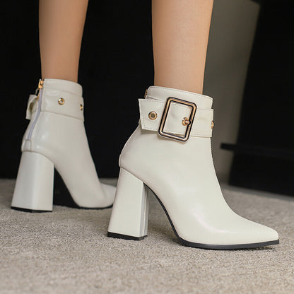 Women's Buckle Strap Pointed Toe Square Heel Ankle Boots