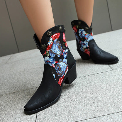 Women's Flowers Pattern Pointed Toe Block Heel Western Boots