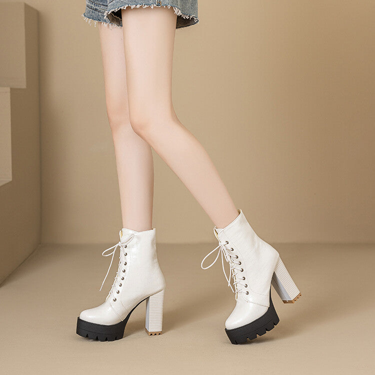 Women's Plush Lace-Up High Heel Platform Short Boots