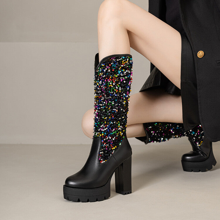 Women's Plush Dots Sequins Platform High Heel Mid Calf Boots