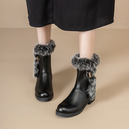 Women's Plush Faux Fur Buckle Strap Platform Short Boots