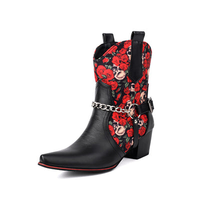 Women's Flowers Chains Pointed Toe Block Heel Short Western Boots