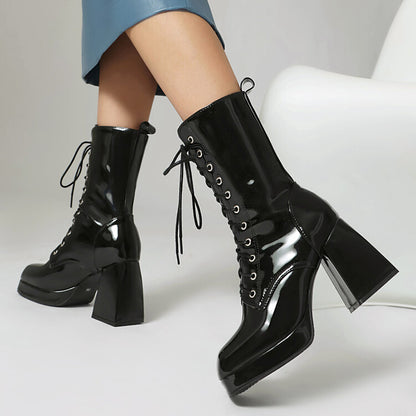 Women's Glossy Lace-Up Square Toe Block Heel Platform Short Boots