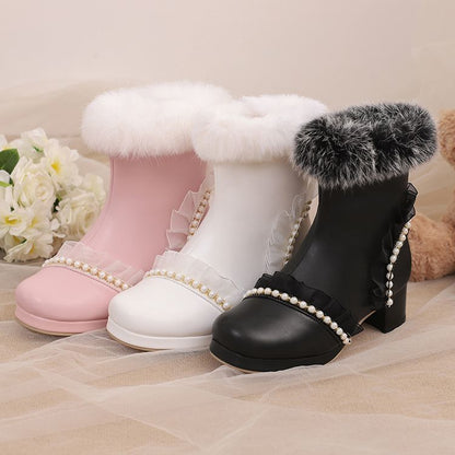 Women's Beads Round Toe Block Heel Platform Short Boots