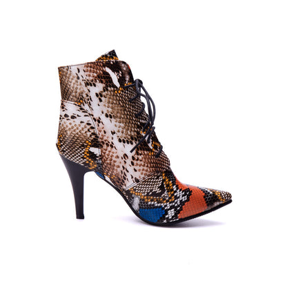 Women's Snake Pattern Lace-Up Spike Heel Ankle Boots