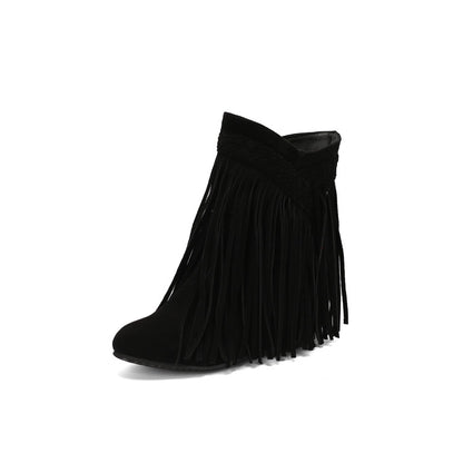 Women's Tassel Round Toe Wedge Heel Short Boots