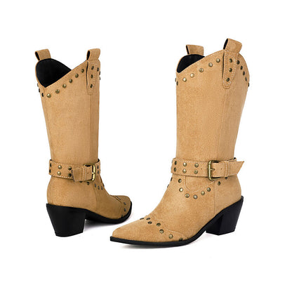 Women's Rivets Pointed Toe Square Heel Mid Calf Western Boots