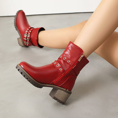 Women's Metal Decor Round Toe Square Heel Platform Short Boots