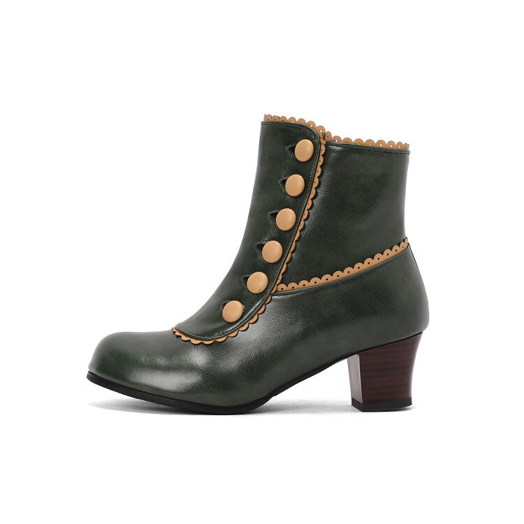 Women's Patchwork Rivets Round Toe Block Heel Ankle Boots