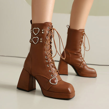 Women's Love Heart Buckle Square Toe Block Heel Platform Short Boots