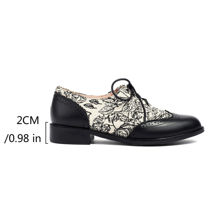 Women's Printed Lace-Up Round Toe Low Heel Oxfords Brogues Shoes