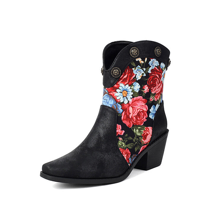 Women's Flowers Pattern Pointed Toe Block Heel Western Boots