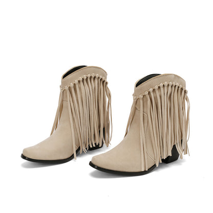 Women's Tassel Pointed Toe Block Heel Short Boots