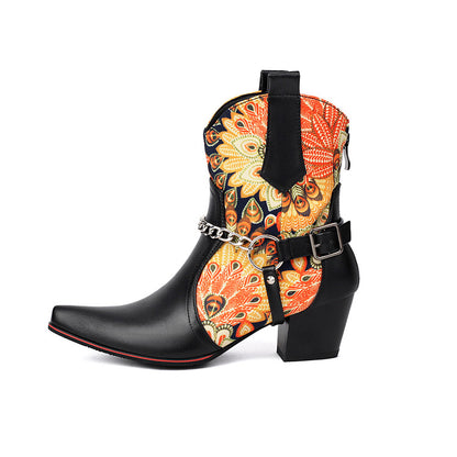 Women's Flowers Chains Pointed Toe Block Heel Short Western Boots