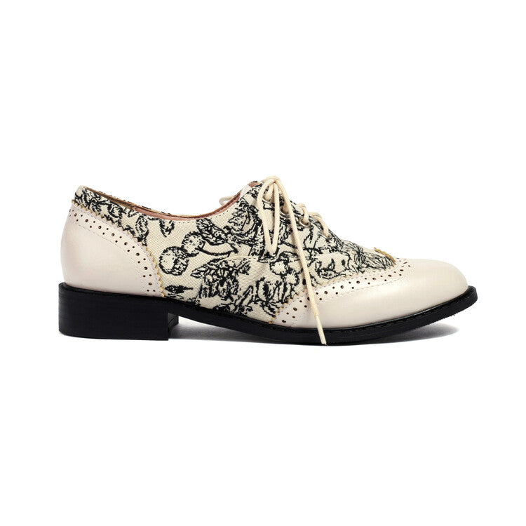 Women's Printed Lace-Up Round Toe Low Heel Oxfords Brogues Shoes