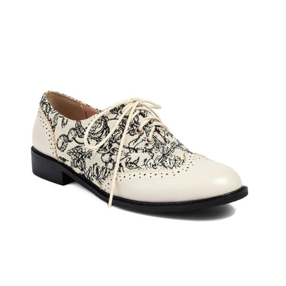 Women's Printed Lace-Up Round Toe Low Heel Oxfords Brogues Shoes