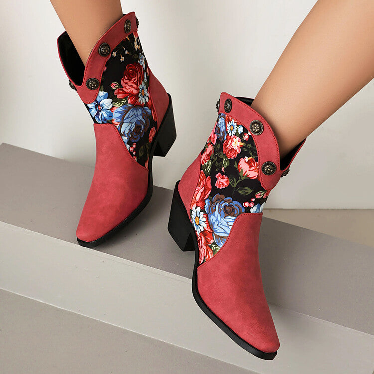 Women's Flowers Pattern Pointed Toe Block Heel Western Boots