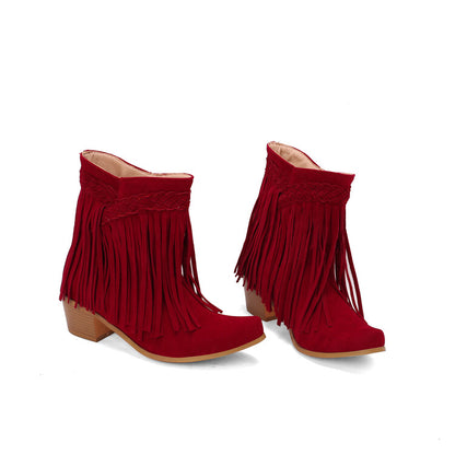 Women's Tassel Block Heel Short Boots