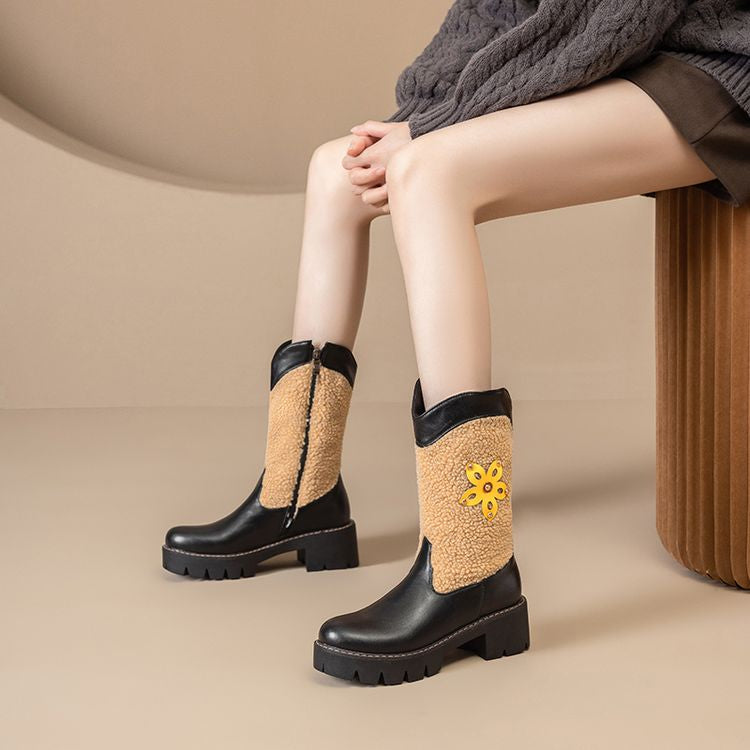 Women's Plush Patchwork Flat Platform Mid Calf Western Boots