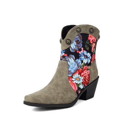 Women's Flowers Pattern Pointed Toe Block Heel Western Boots