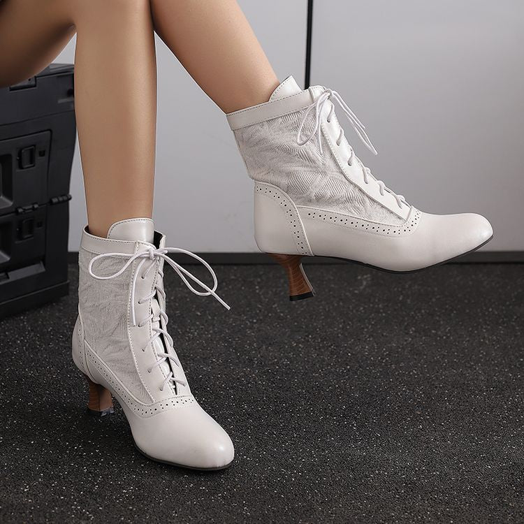 Women's Embroider Lace-Up Round Toe Hoof Heel Ankle Boots